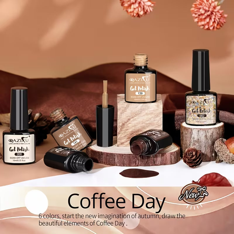 0.34oz Autumn and Winter 6pcs Caramel Cocoa Gel Nail Polish.