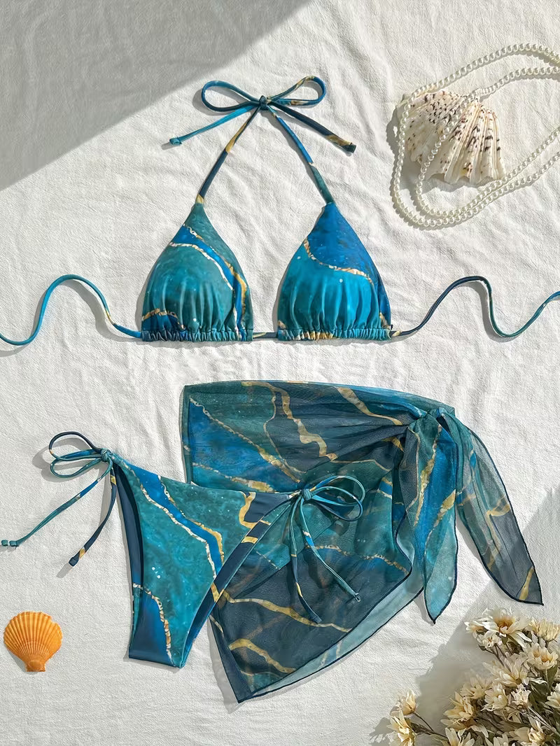 3-Piece Marble Print Bikini Set.