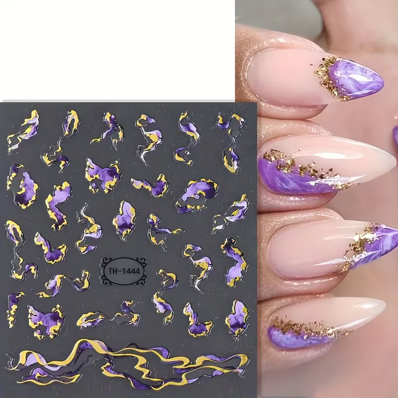 4pcs Self-Adhesive Shiny 3D Golden Wave & Marble Nail Stickers.