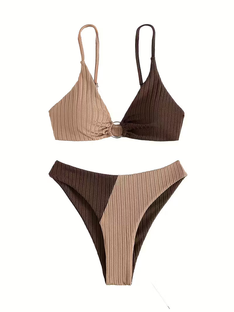 Brown & Beige Striped V-Neck Bikini Set.