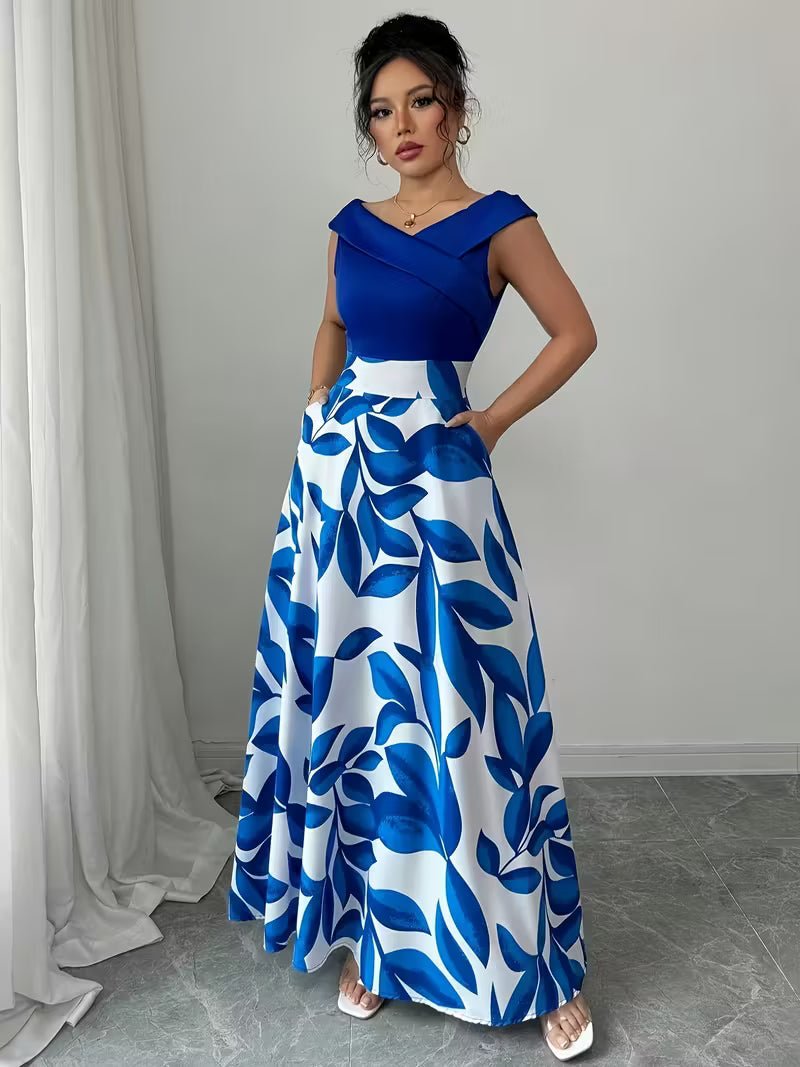 Casual Printed Patchwork V-Neck Long Dress.
