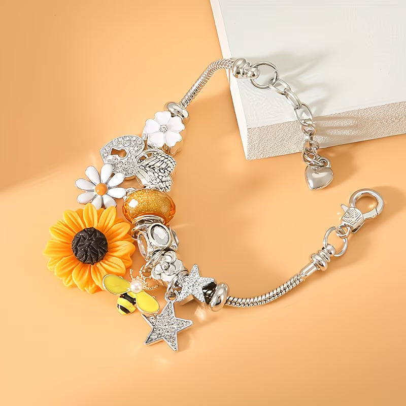 Chic Stainless Steel Charm Sunflowers, Bees & Stars Bracelet.