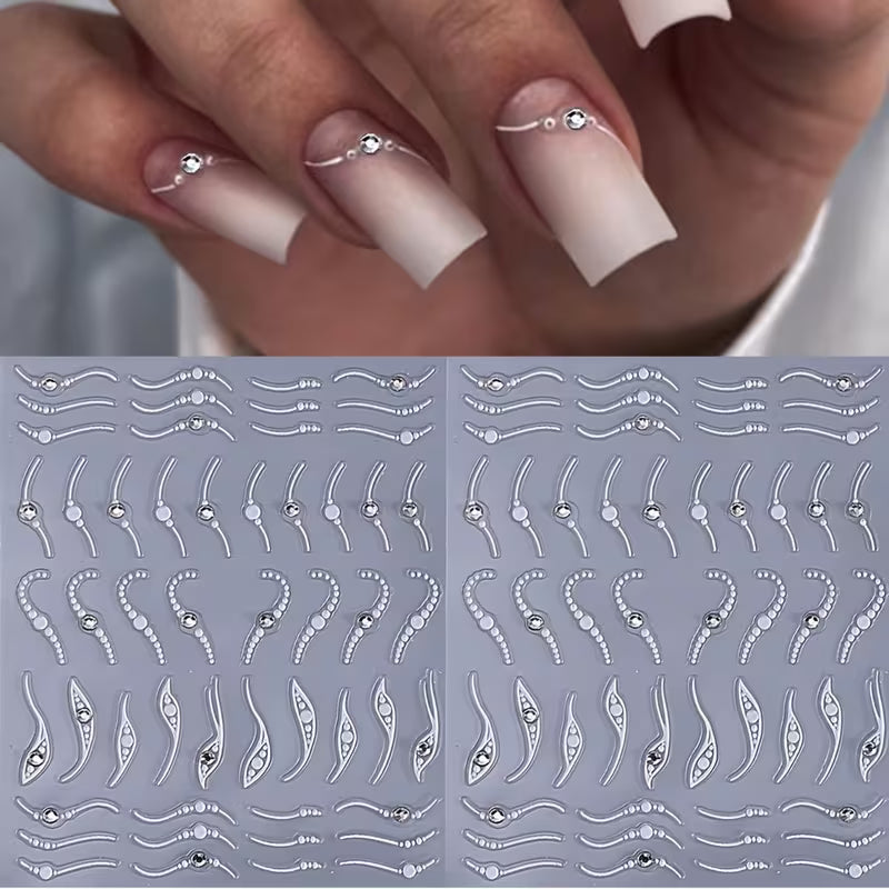 Elegant 3D French Line Nail Stickers with Crystal Rhinestones.