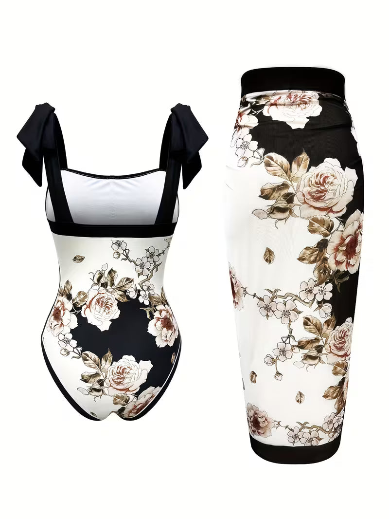 Elegant Floral Print Swimsuit Set.