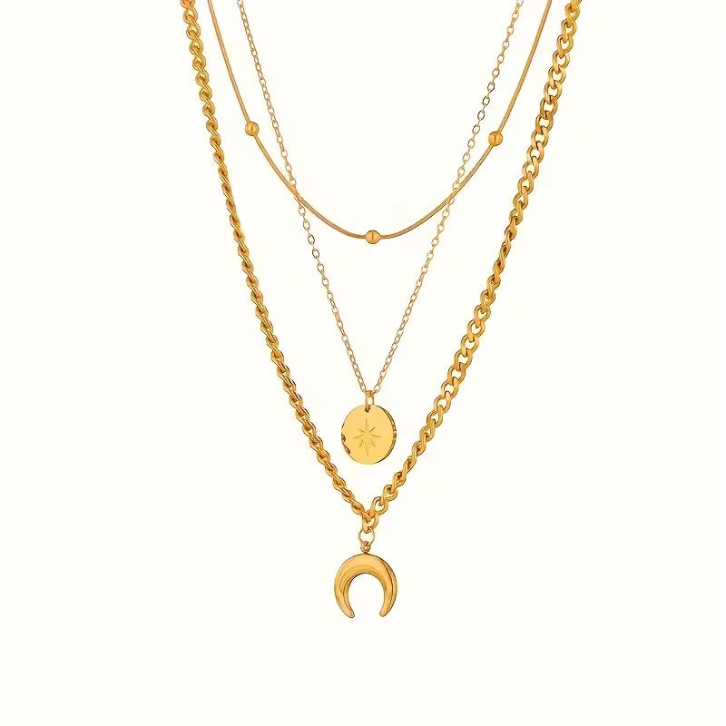Golden 3 Layer Shine Crescent Moon Pendant Necklace.
