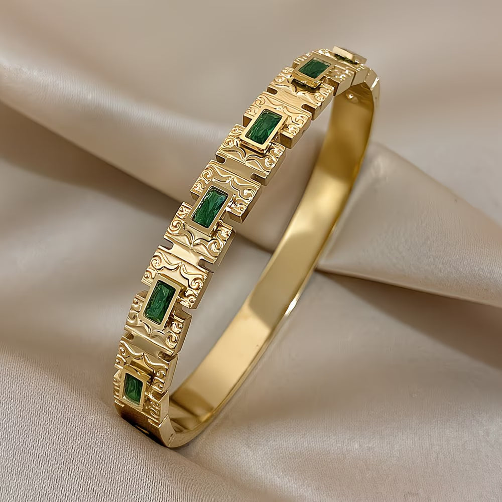 Green Rectangle Zirconia Statement Bracelet in Stainless Steel.