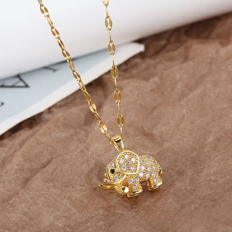 Luxury Micro-Inlaid Real Golden 3D Elephant Necklace.