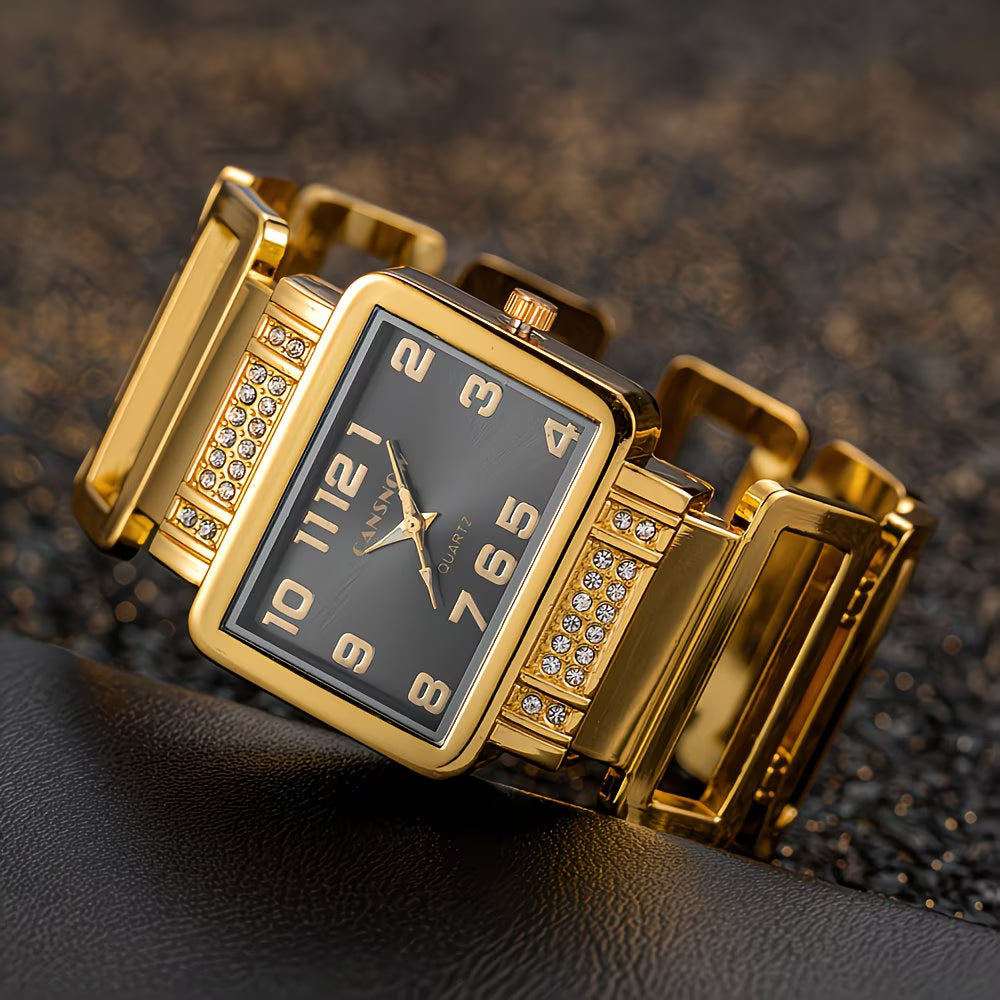 Luxury Rhinestone Rectangle Digital World Time Display Watch.