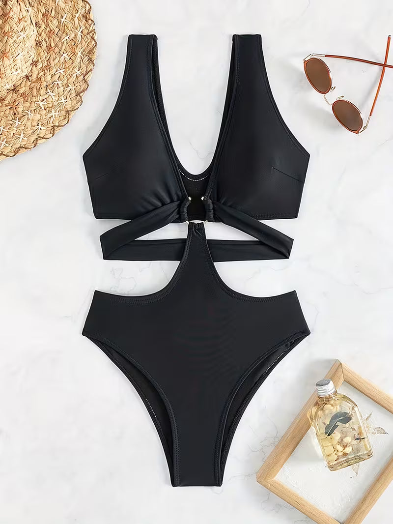Notched Ring One-Piece Swimwear.