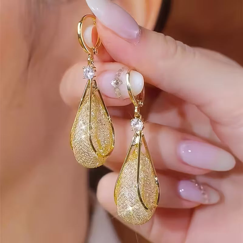 Pair of Elegant Golden Mesh Drop Earrings.