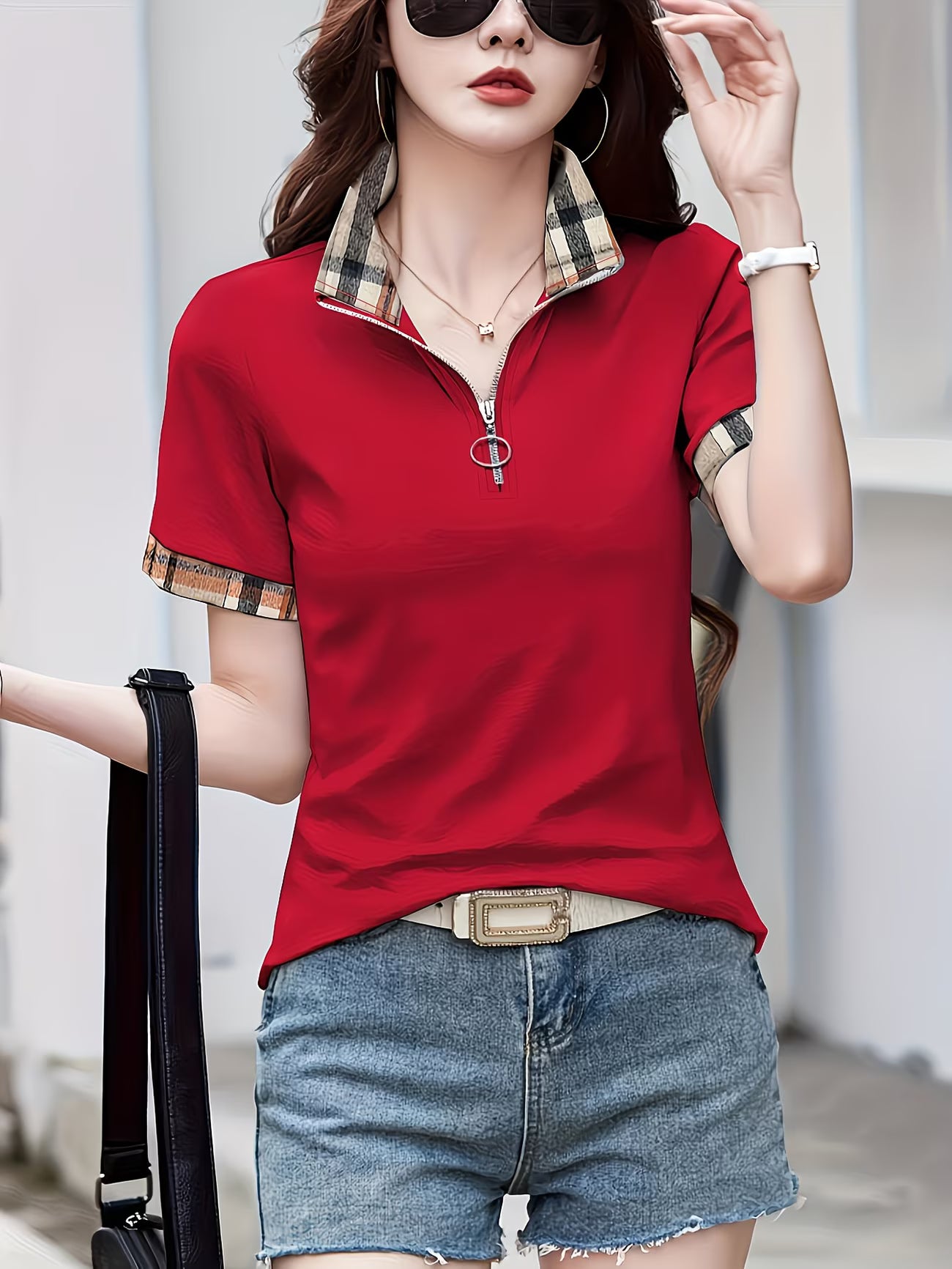 Plaid Detail Summer Knit Polo Shirt.