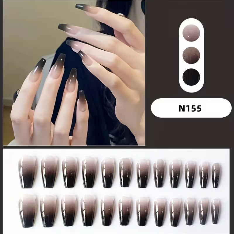 Press-On Long Black Gradient Fake Nails.