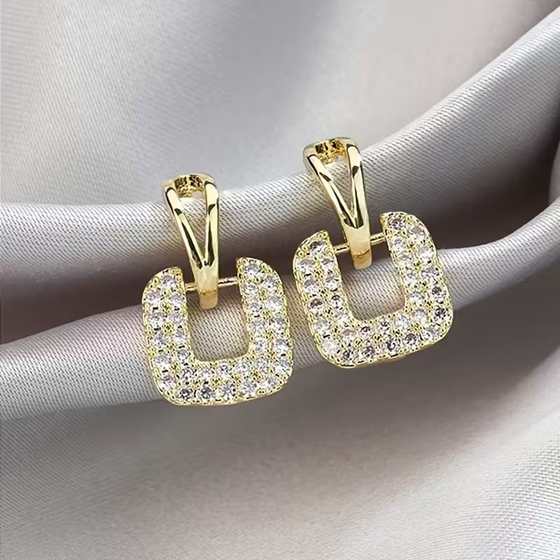 Radiant Square Full Rhinestone Geometric Ear Studs.