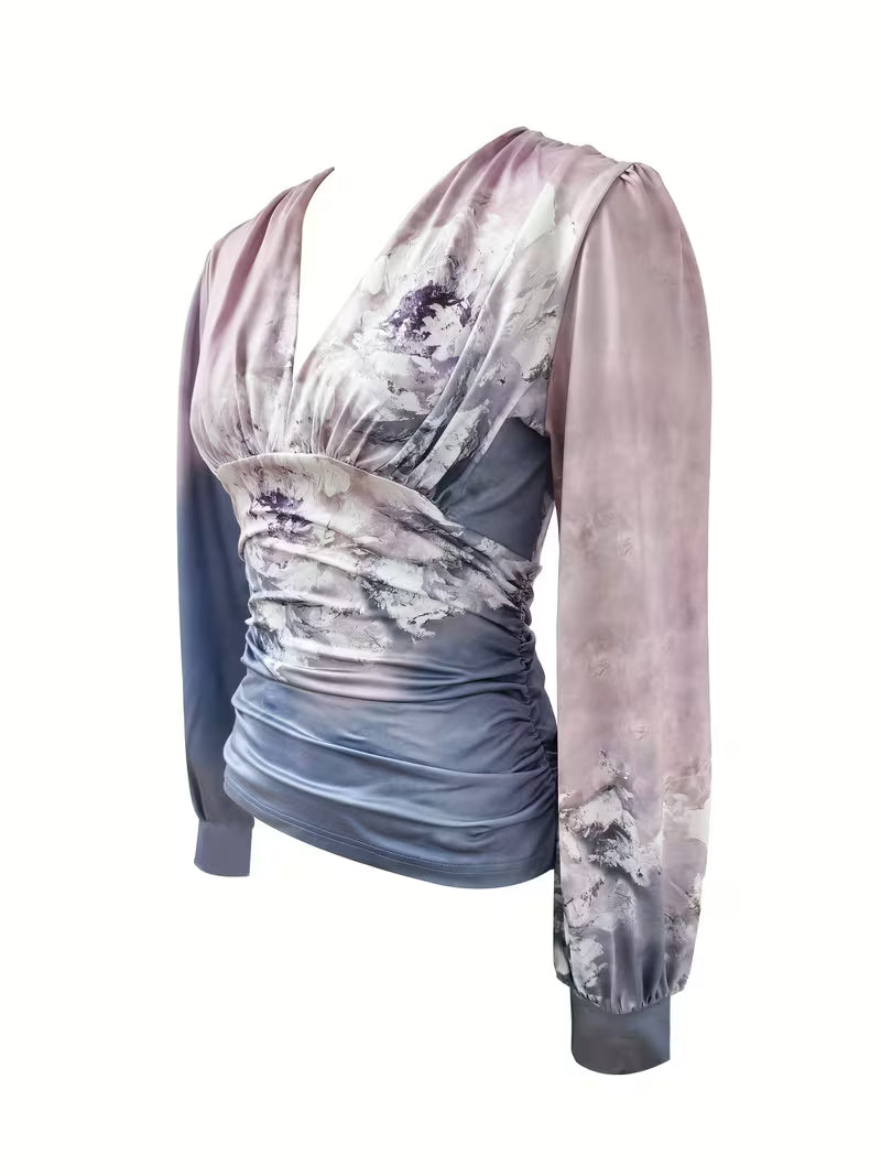 Random Floral Print V-Neck Tops