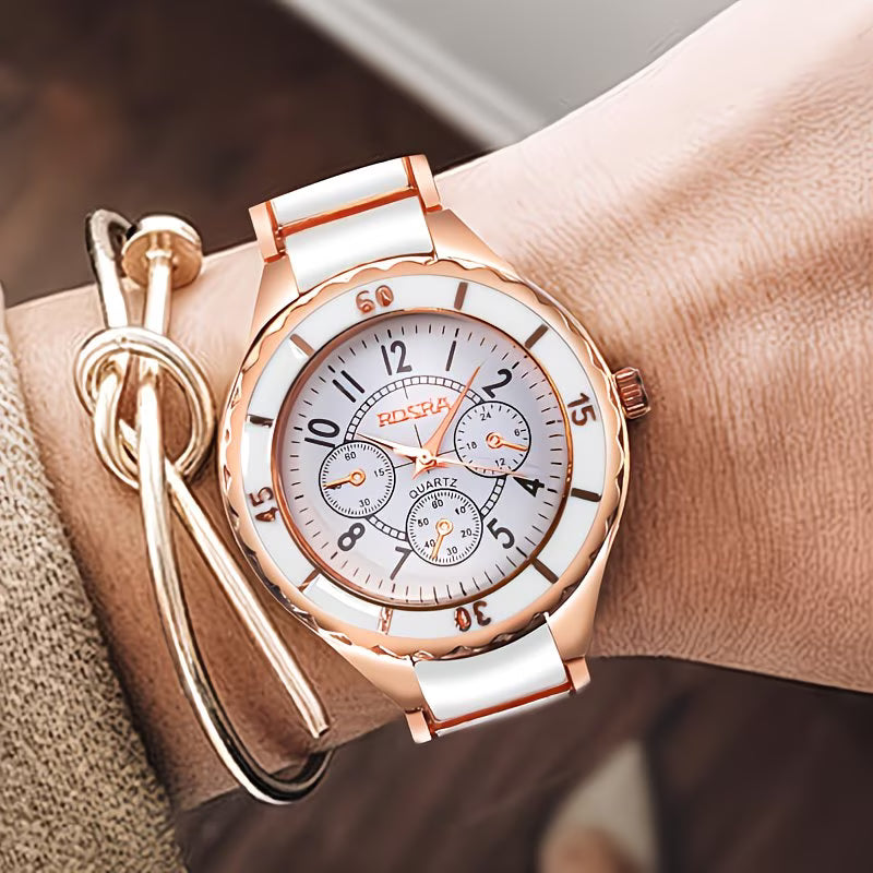 Rose Golden & White Ceramic-Dial Watch.
