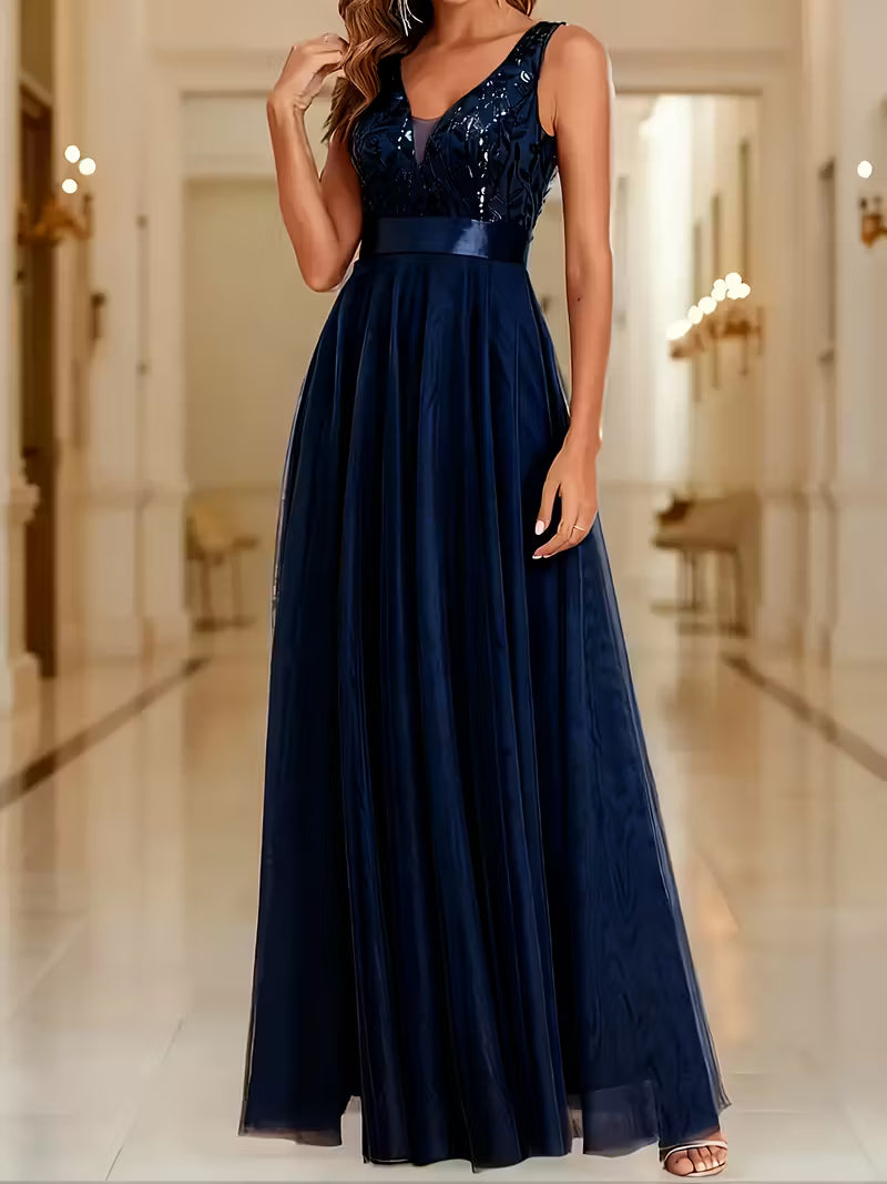 Sequin Mesh A-Line Gown.