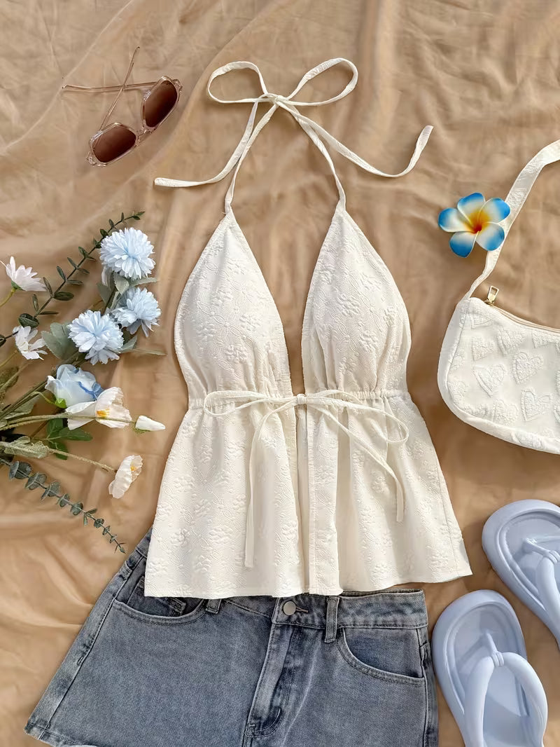 Solid Color Floral Texture Cute Tops