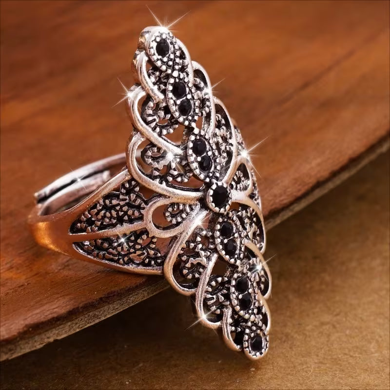 Unique Inlay Black Zirconia Adjustable Court Style Ring.