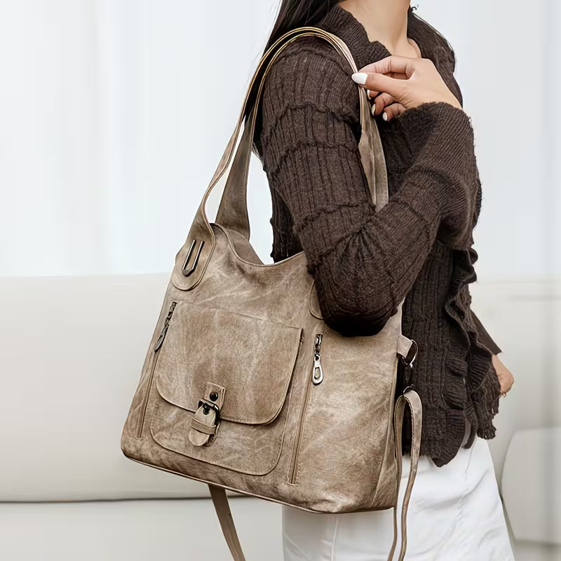 Versatile PU Leather Work Bag with Detachable Crossbody Strap.