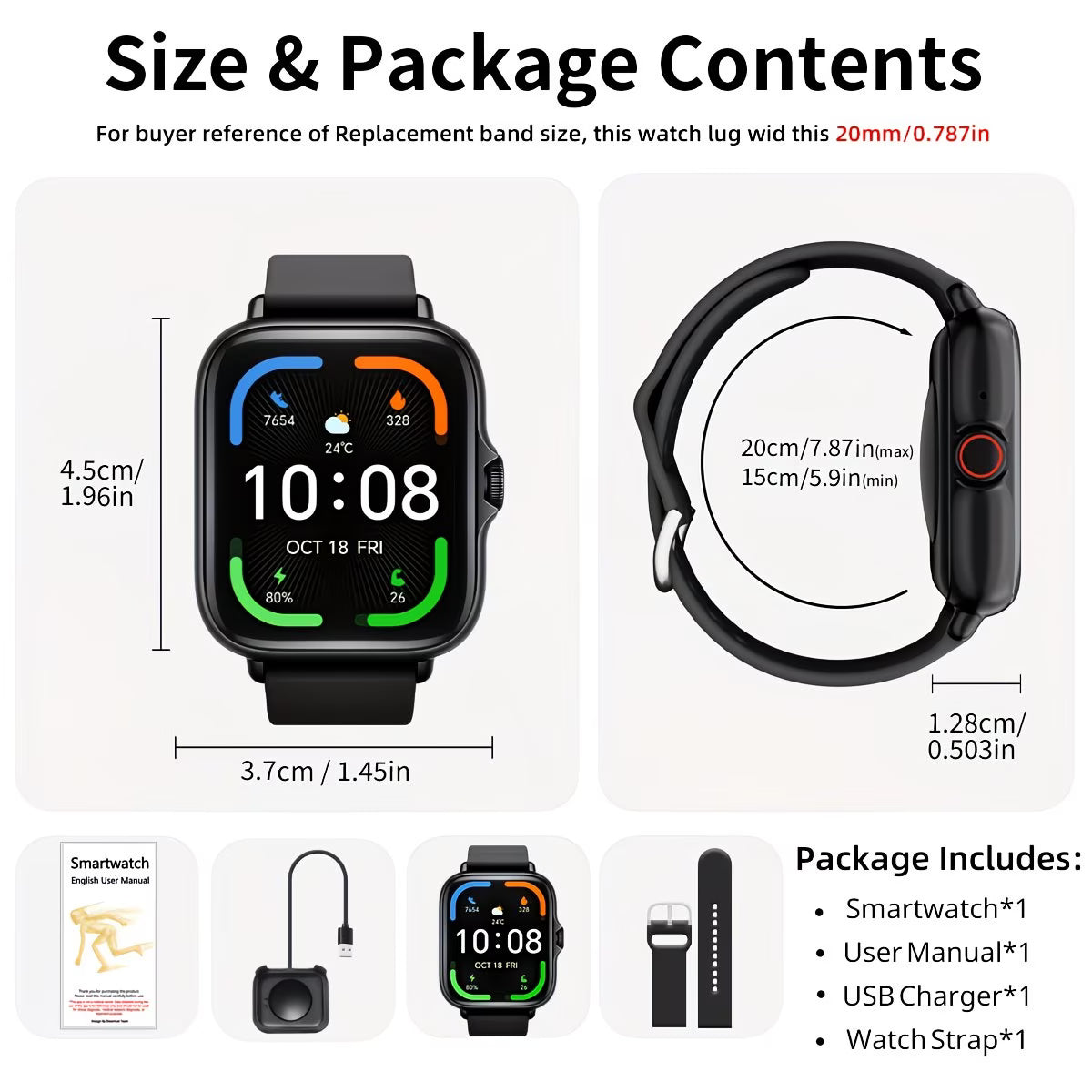 1.83'' Full Touch Screen with Sports Pedometer & Silicone Strap.