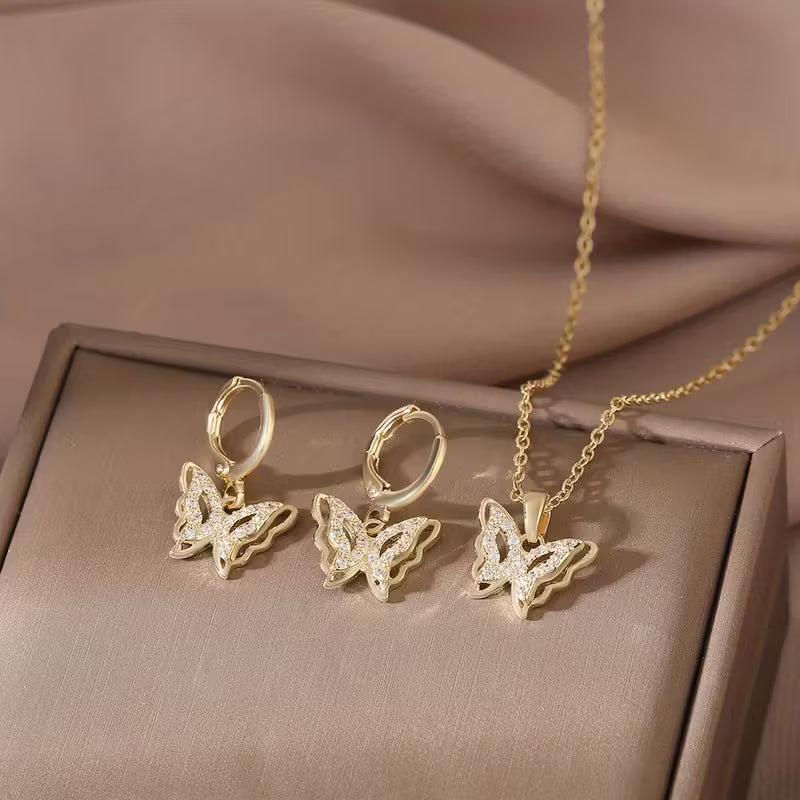14K Golden Plated Butterfly Wing Pendant Earrings and Necklace.