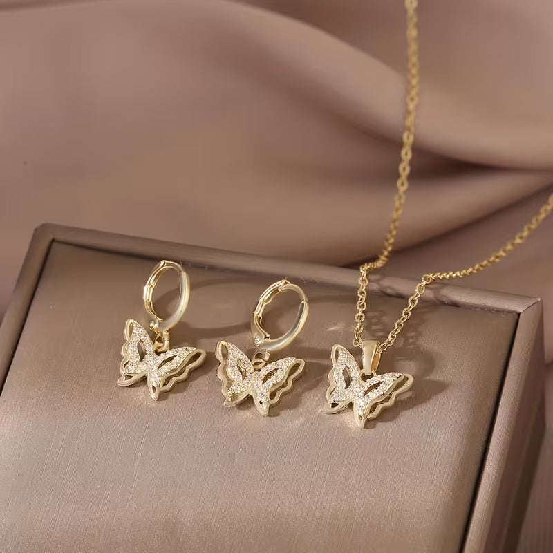 14K Golden Plated Butterfly Wing Pendant Earrings and Necklace.