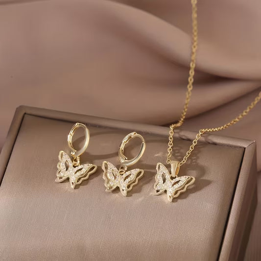 14K Golden Plated Butterfly Wing Pendant Earrings and Necklace.