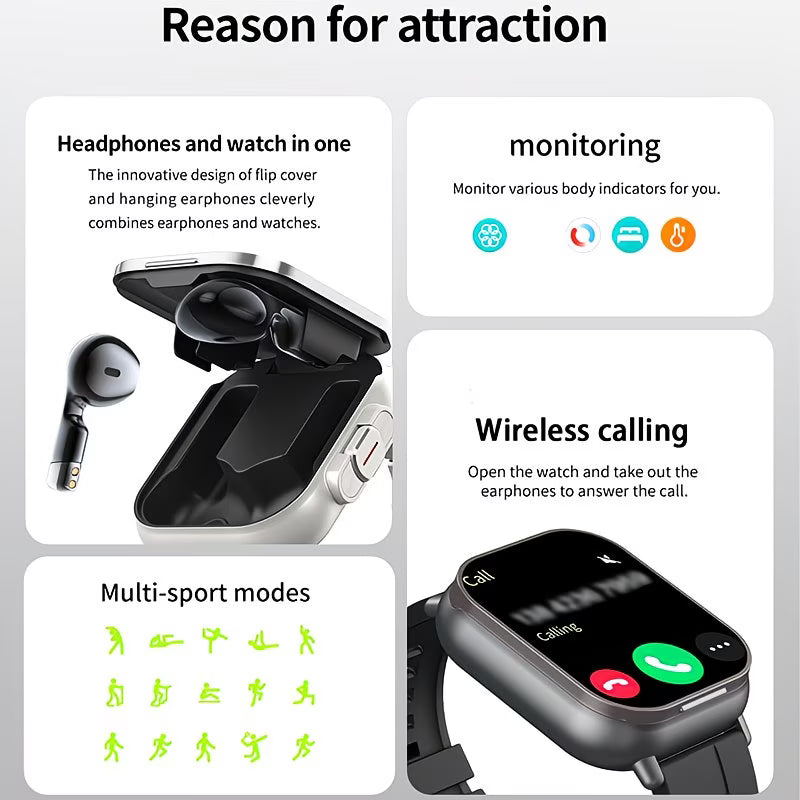 2-in-1 Smartwatch with Built-in TWS Earbuds – 2.01" HD