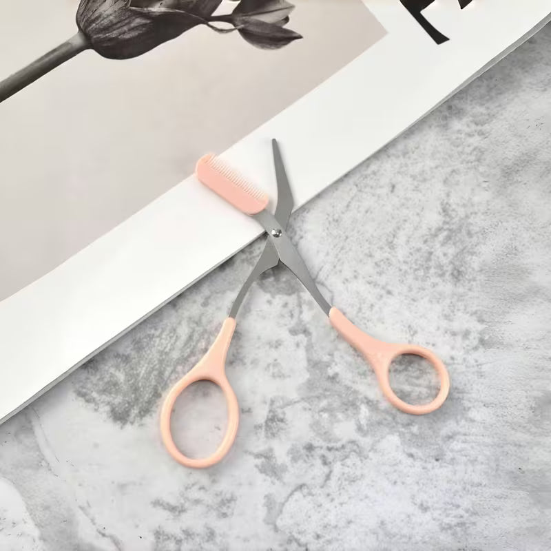 2-in-1 Stainless Steel Eyebrow Scissors with Integrated Comb.