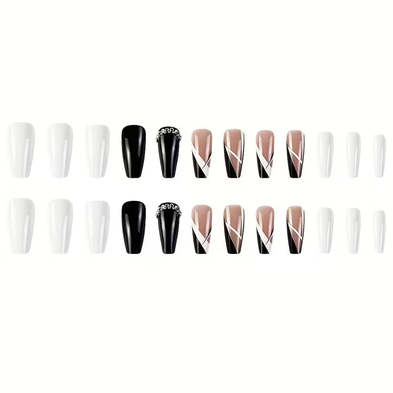 24pcs Black & White Metal-Finish Geometric Press-On Coffin Nails Set.
