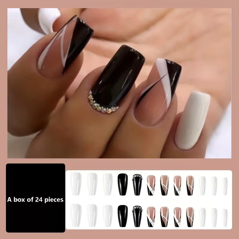24pcs Black & White Metal-Finish Geometric Press-On Coffin Nails Set.