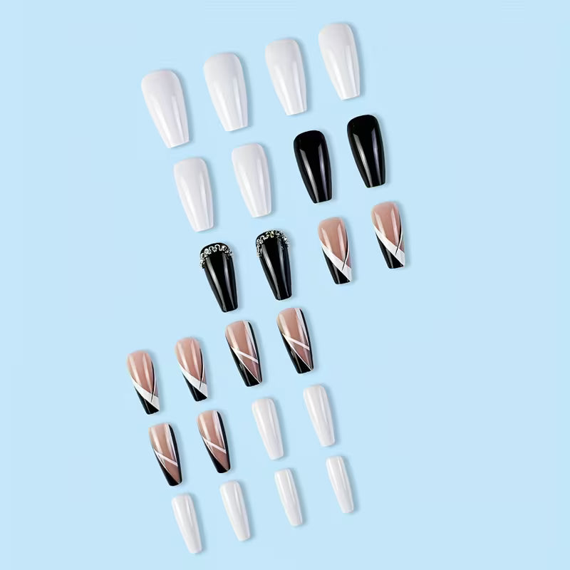 24pcs Black & White Metal-Finish Geometric Press-On Coffin Nails Set.