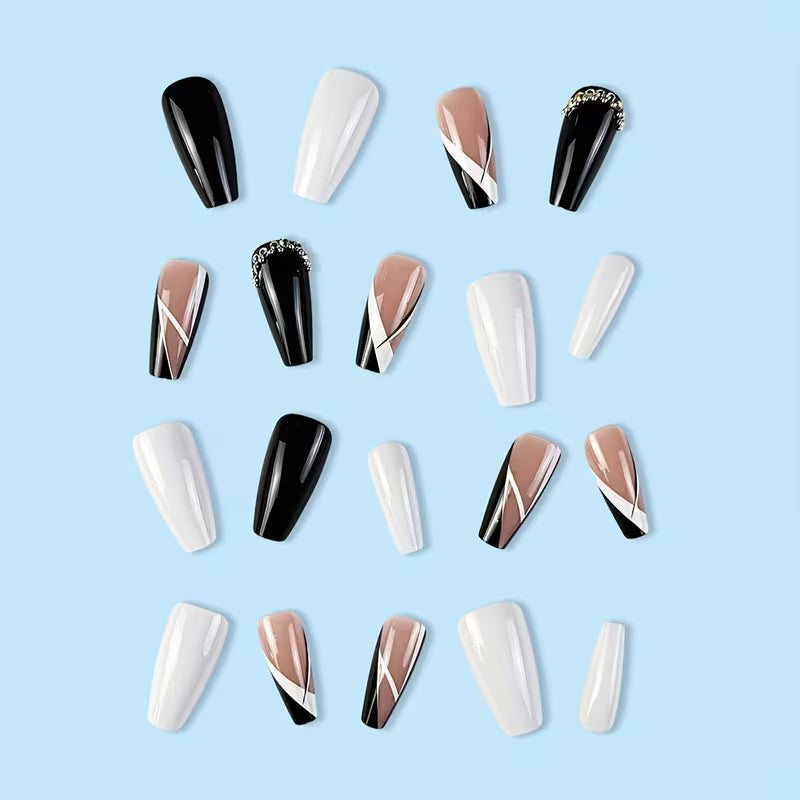 24pcs Black & White Metal-Finish Geometric Press-On Coffin Nails Set.