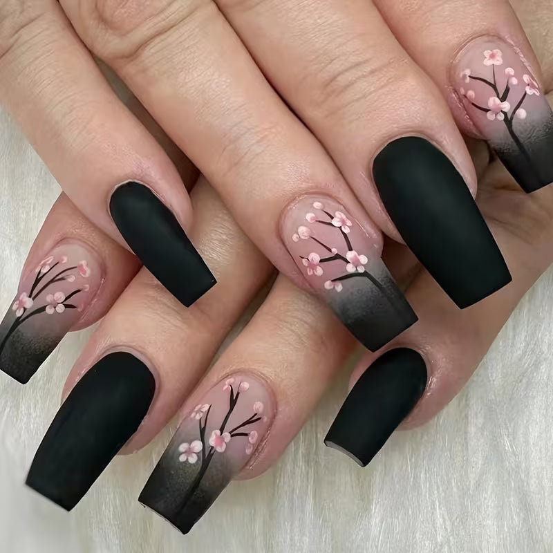 24pcs Emerald Black Medium Coffin Shaped Fake Nails
