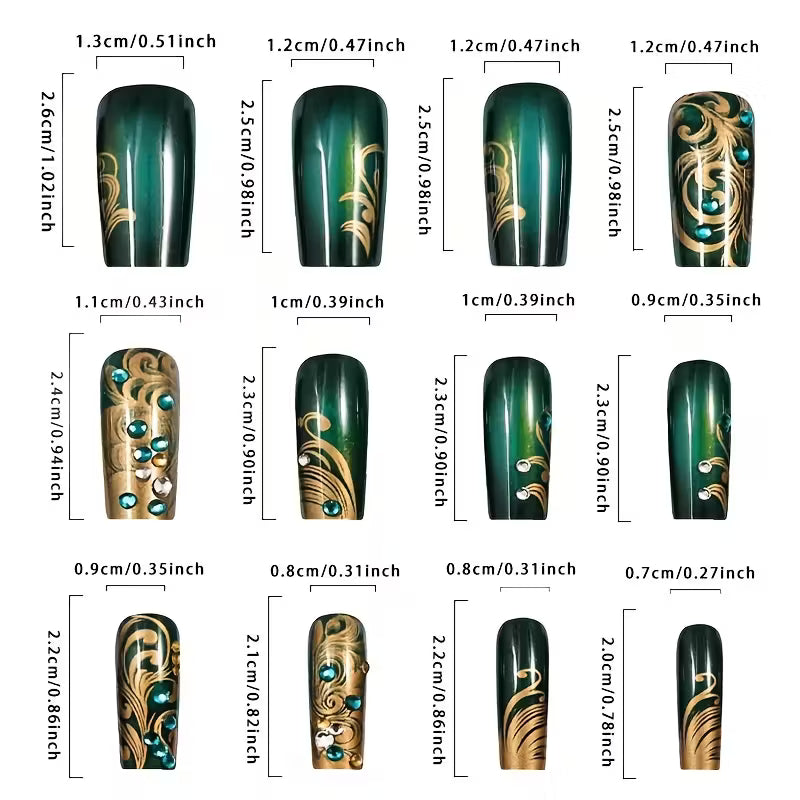 24pcs French-Style Green Glitter Press-On Nails.