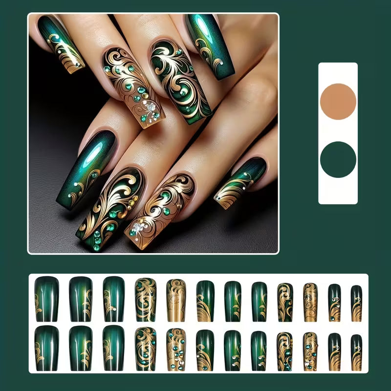 24pcs French-Style Green Glitter Press-On Nails.