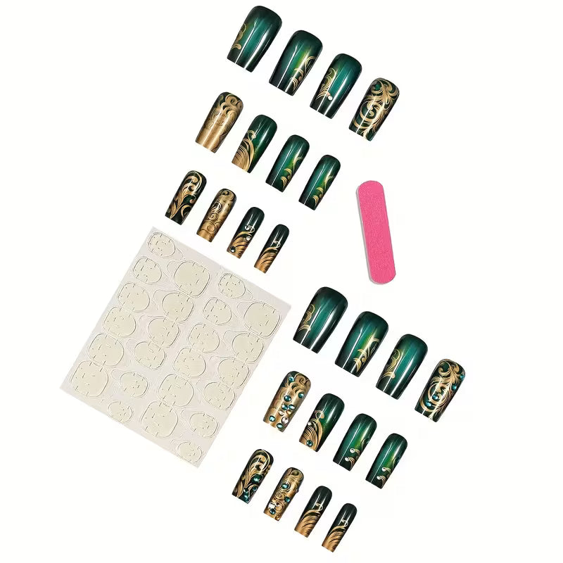 24pcs French-Style Green Glitter Press-On Nails.