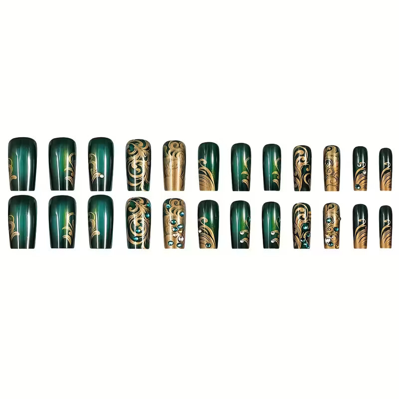 24pcs French-Style Green Glitter Press-On Nails.