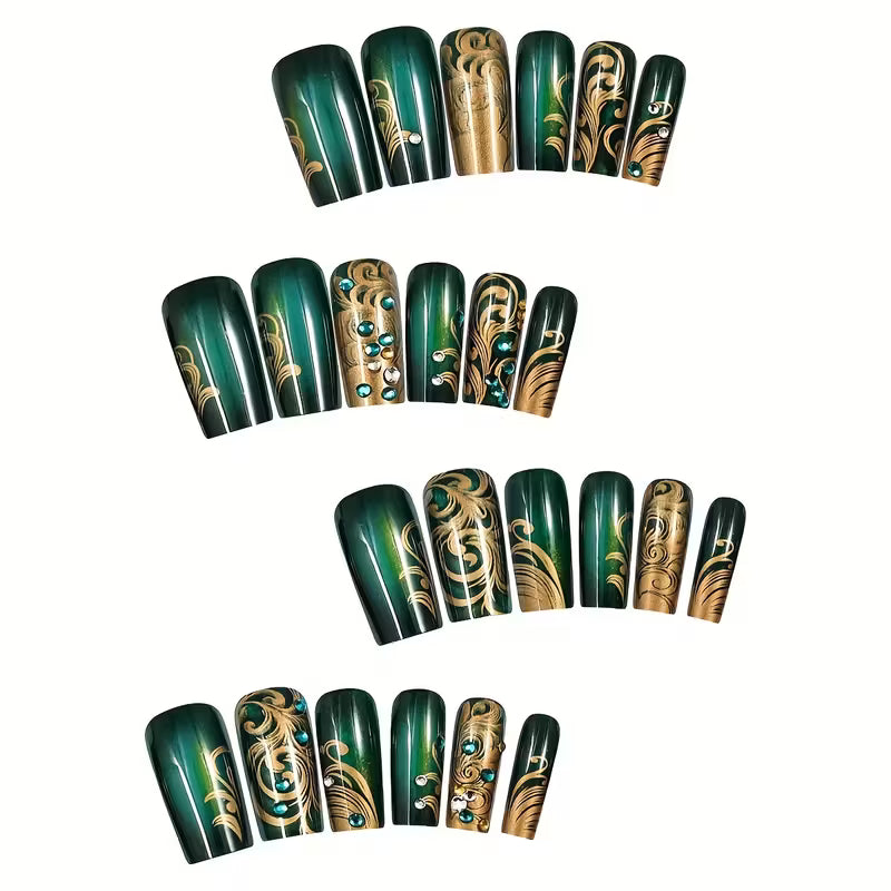 24pcs French-Style Green Glitter Press-On Nails.