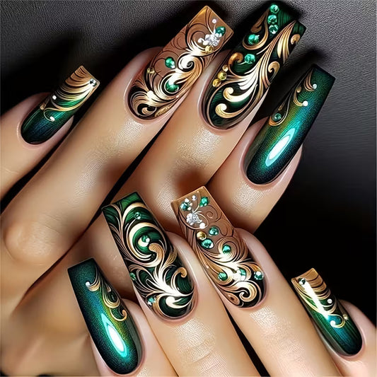 24pcs French-Style Green Glitter Press-On Nails.