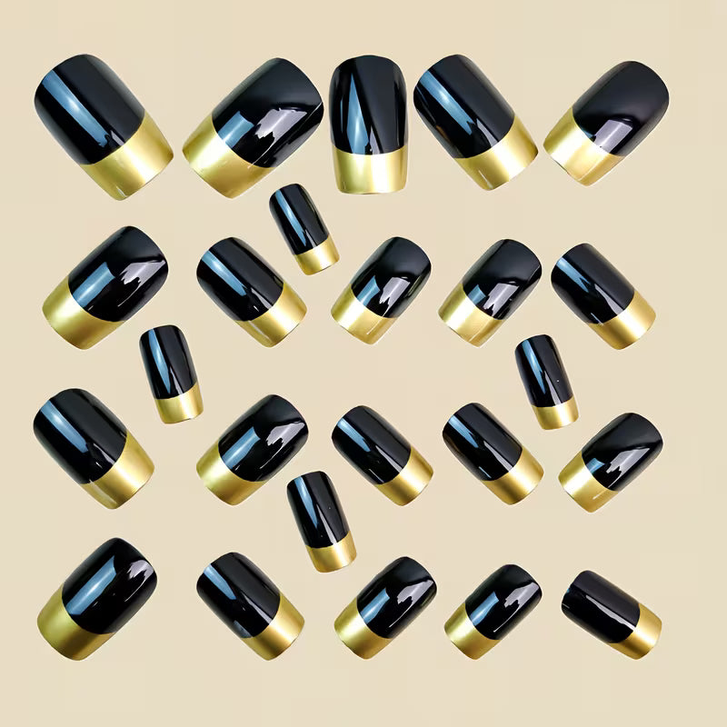 24pcs French Style Black with Golden Stripe Artificial Nails.