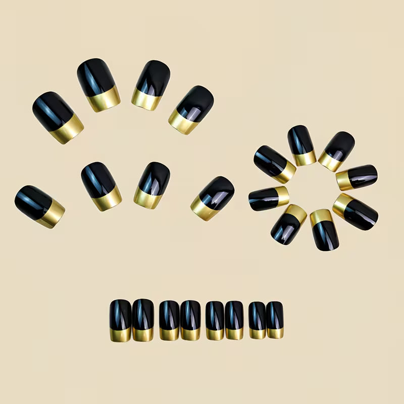 24pcs French Style Black with Golden Stripe Artificial Nails.