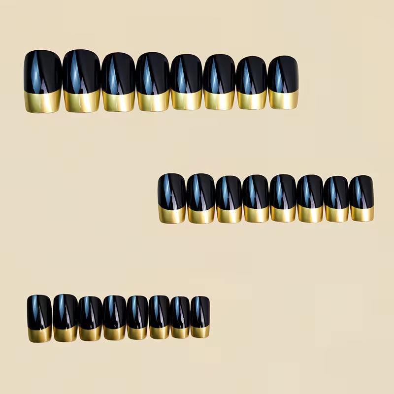 24pcs French Style Black with Golden Stripe Artificial Nails.