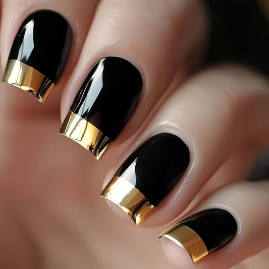 24pcs French Style Black with Golden Stripe Artificial Nails.