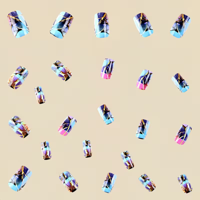 24pcs Shattered Gradient Sky Blue Glaze Nails Set.