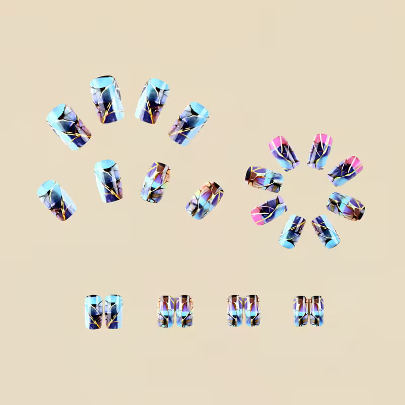 24pcs Shattered Gradient Sky Blue Glaze Nails Set.