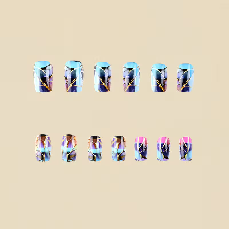 24pcs Shattered Gradient Sky Blue Glaze Nails Set.