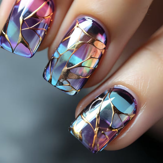 24pcs Shattered Gradient Sky Blue Glaze Nails Set.