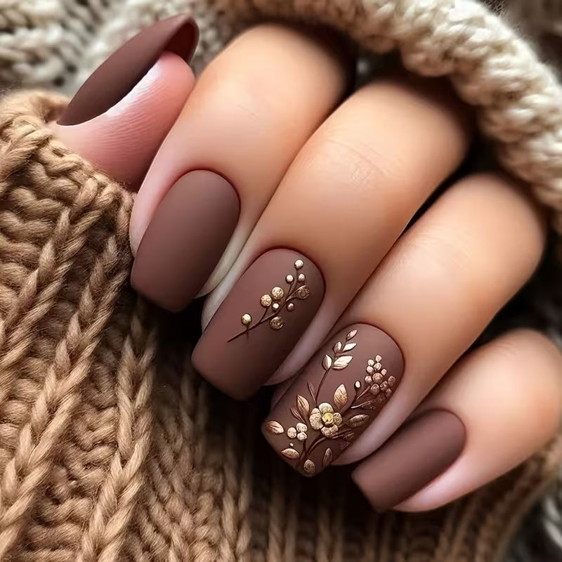 24pcs Square with Matte Floral Embossed Press-On Nails Set.