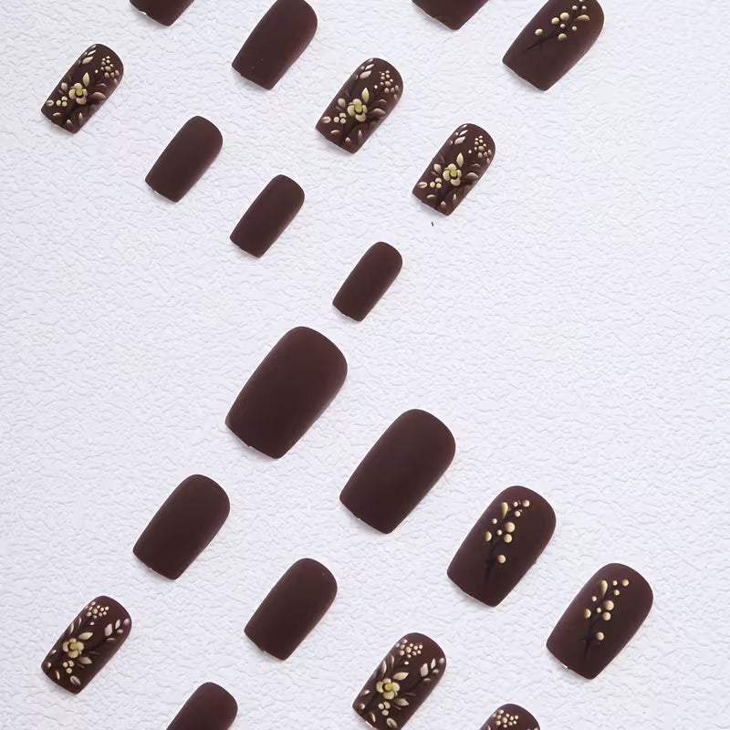 24pcs Square with Matte Floral Embossed Press-On Nails Set.